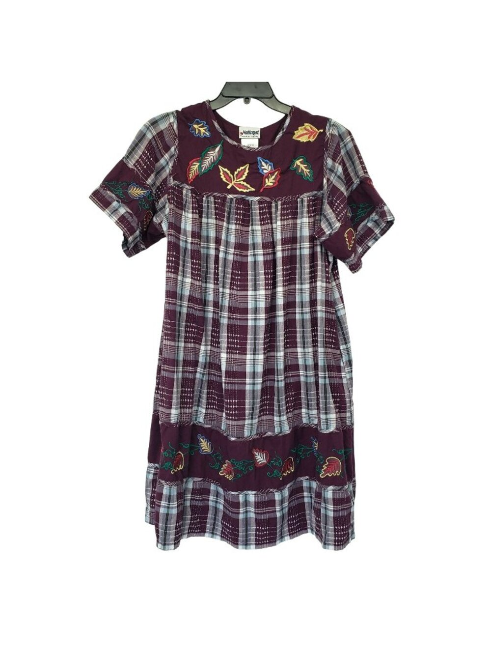 Vintage National Burgundy Plaid Embroidered Fall Leaf Dress Boho Teacher Outfit